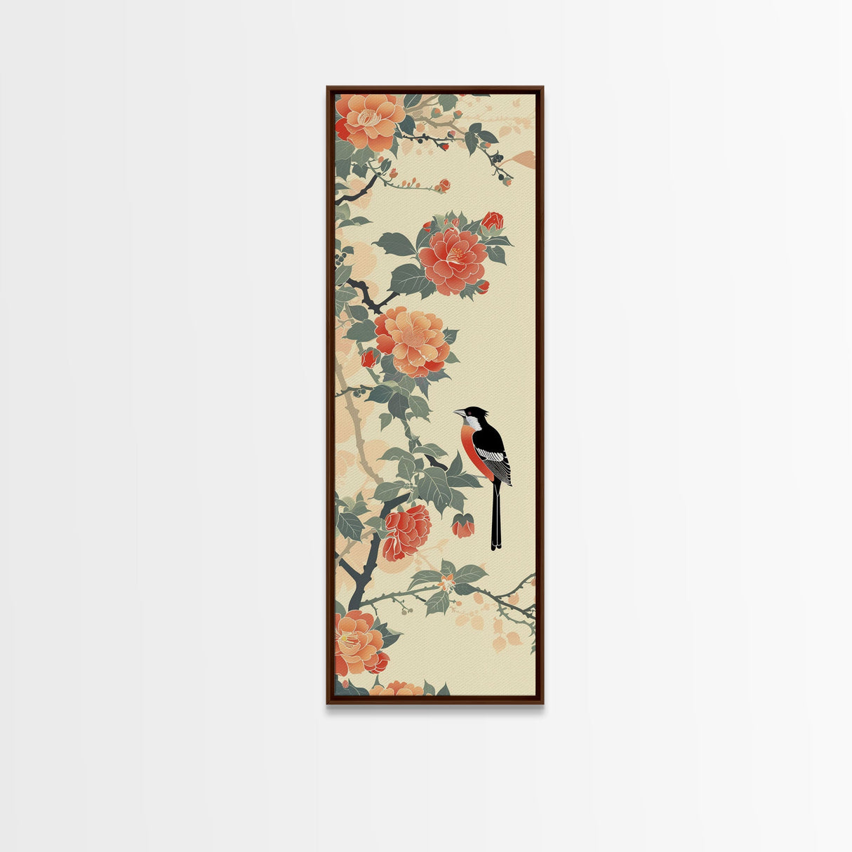 Bird Among Camellia Flowers On Light Background Skinny Art Ukiyo-e Wood Block Print Framed Canvas Print