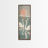 Graceful Swans With Peaceful Lake And Reflecting Sun Ukiyo-e Wood Block Skinny Tall Japanese Style Art Framed Canvas Print