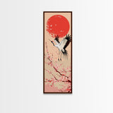 Elegant Crane Bird In Mid-flight Against Bold Red Sun Ukiyo-e Tall Skinny Wood Block Framed Canvas Print Japanese Style Art