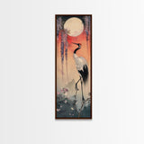 Japanese Crane With Moon And Wisteria - Skinny Art Tall Art Framed Canvas Print Japanese Style Art Ukiyo-e Art