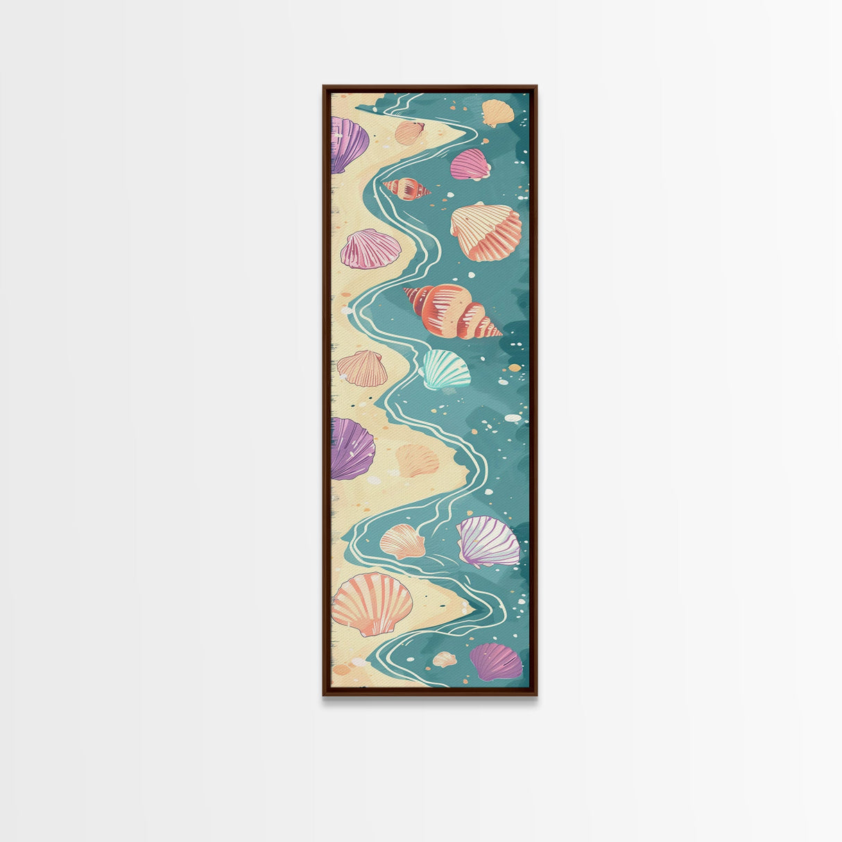 Shells On Shoreline Canvas In Ukiyo-e Style, Japanese Woodblock Print, Framed Canvas Print, Tall Skinny Japanese Wall Art, Ready To Hang