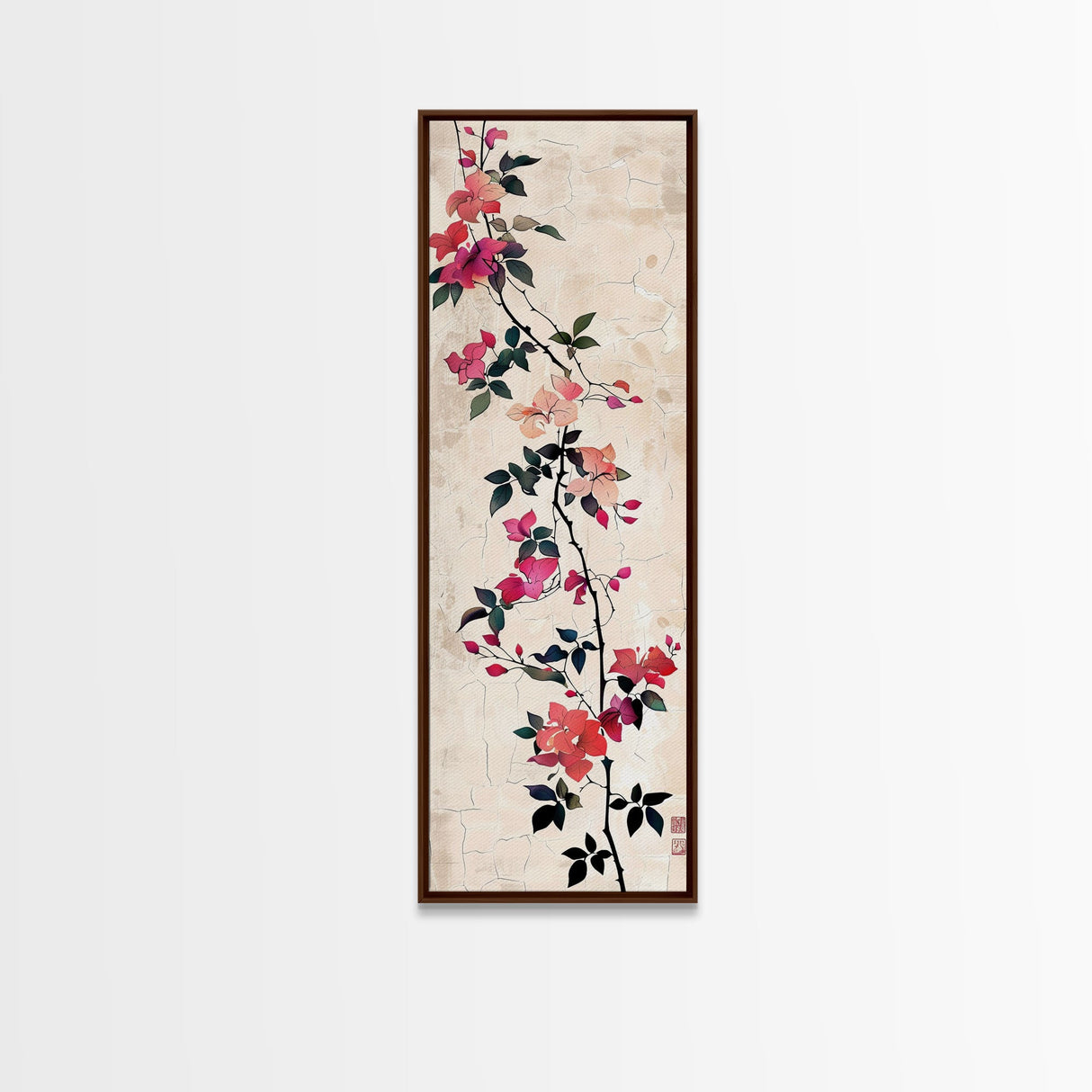 Pink Bougainvillea Vines On White Background Skinny Art Wood Block Print Japanese Style Art Framed Canvas Print Tall Art Ukiyo-e Art