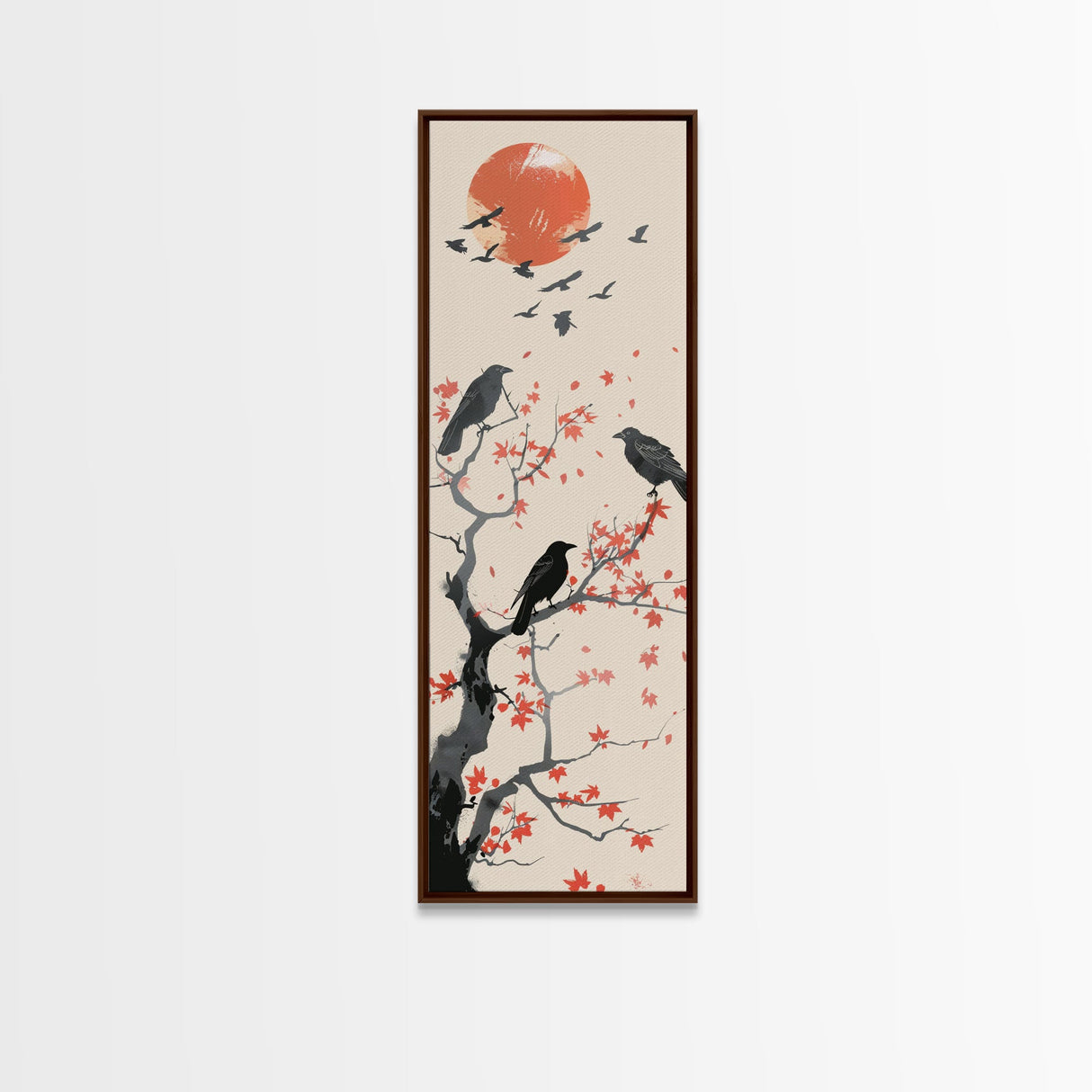 Crows On Bare Tree Branches Against Red Sun Skinny Art Wood Block Print Japanese Style Art Framed Canvas Print Tall Art Ukiyo-e Art
