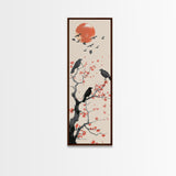 Crows On Bare Tree Branches Against Red Sun Skinny Art Wood Block Print Japanese Style Art Framed Canvas Print Tall Art Ukiyo-e Art
