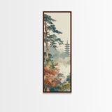 Pagoda And Pine Tree In Misty Landscape Skinny Art Wood Block Print Japanese Style Art Framed Canvas Print Tall Art Ukiyo-e Art