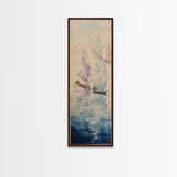 Sailboats On Calm Sea Canvas In Japanese Ukiyo-e Style, Traditional Woodblock Print, Framed Canvas Print, Tall Skinny Japanese Wall Art, Ready To Hang