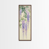 Cascading Wisteria Blossoms in Shades of Purple and Green - Skinny Art, Japanese Wall Decor, Framed Canvas Print, Ukiyo-e Style