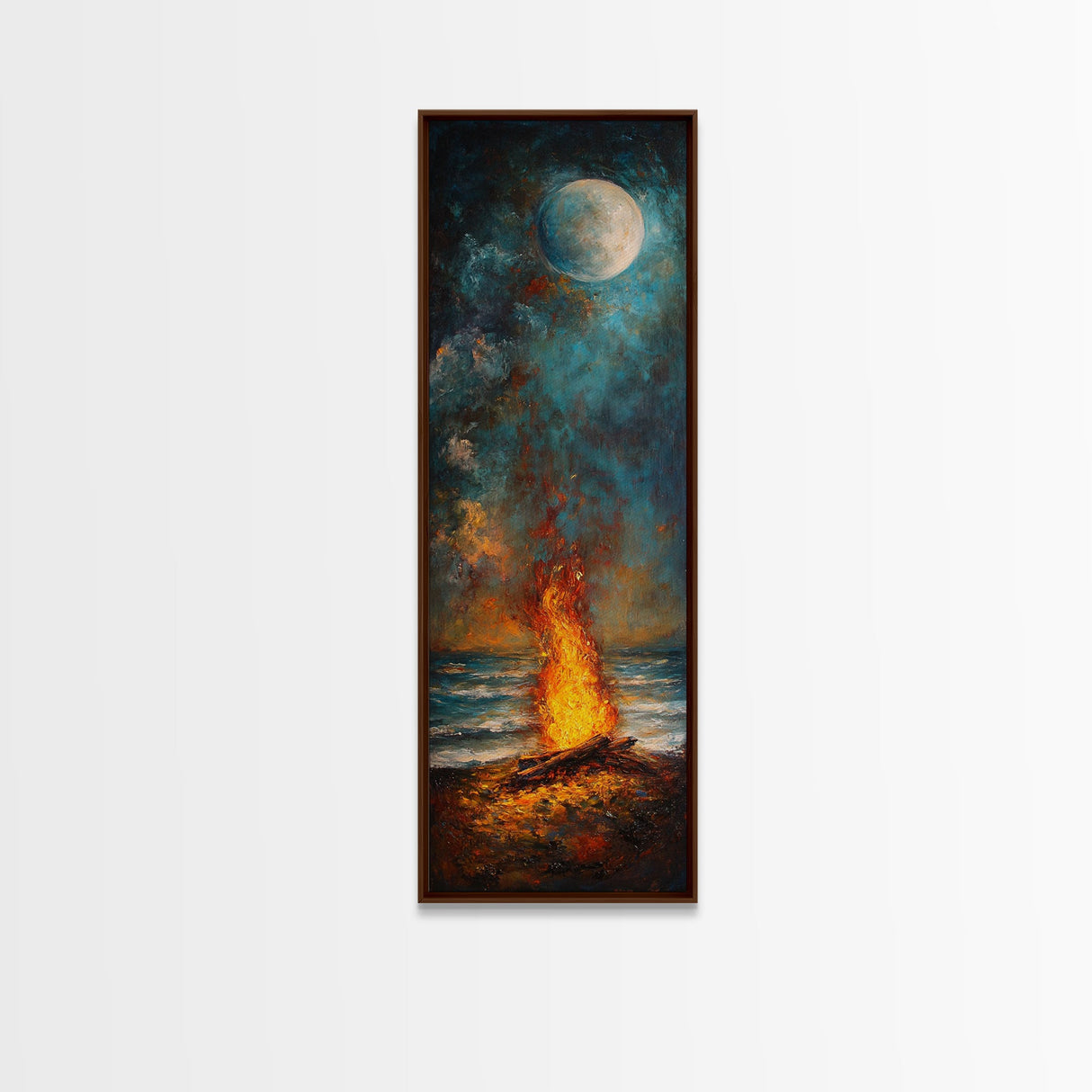 Moonlit Bonfire Canvas Print Rustic Wall Art Coastal Landscape Art Above Sofa Art Tall Narrow Art Nautical Decor Moody Art