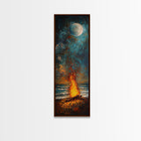 Moonlit Bonfire Canvas Print Rustic Wall Art Coastal Landscape Art Above Sofa Art Tall Narrow Art Nautical Decor Moody Art