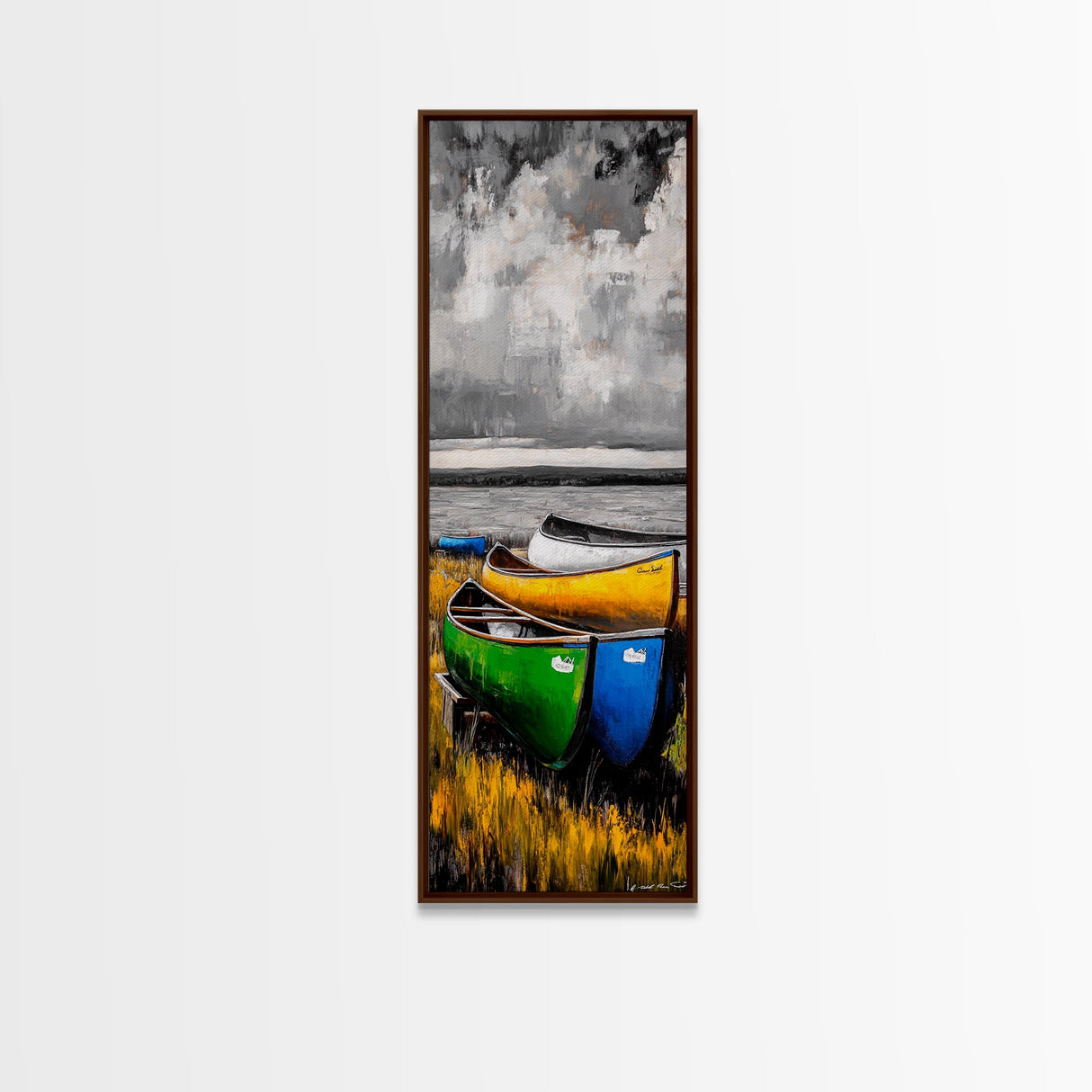 Abstract Canoe Painting Canvas Print Nautical Decor Rustic Wall Art Coastal Landscape Art Blue and Green Wall Art Tall Skinny Art