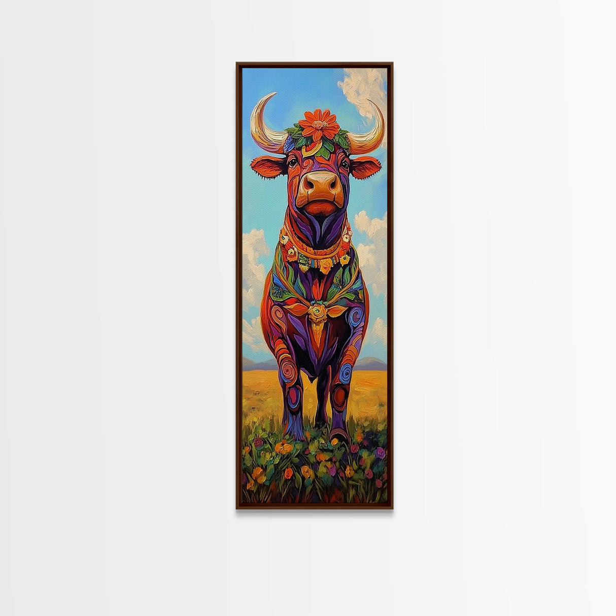 Colorful Cow Painting Framed Canvas Print Whimsical Art Rustic Decor Folk Art Southwest Wall Art Boho Art Gift Idea