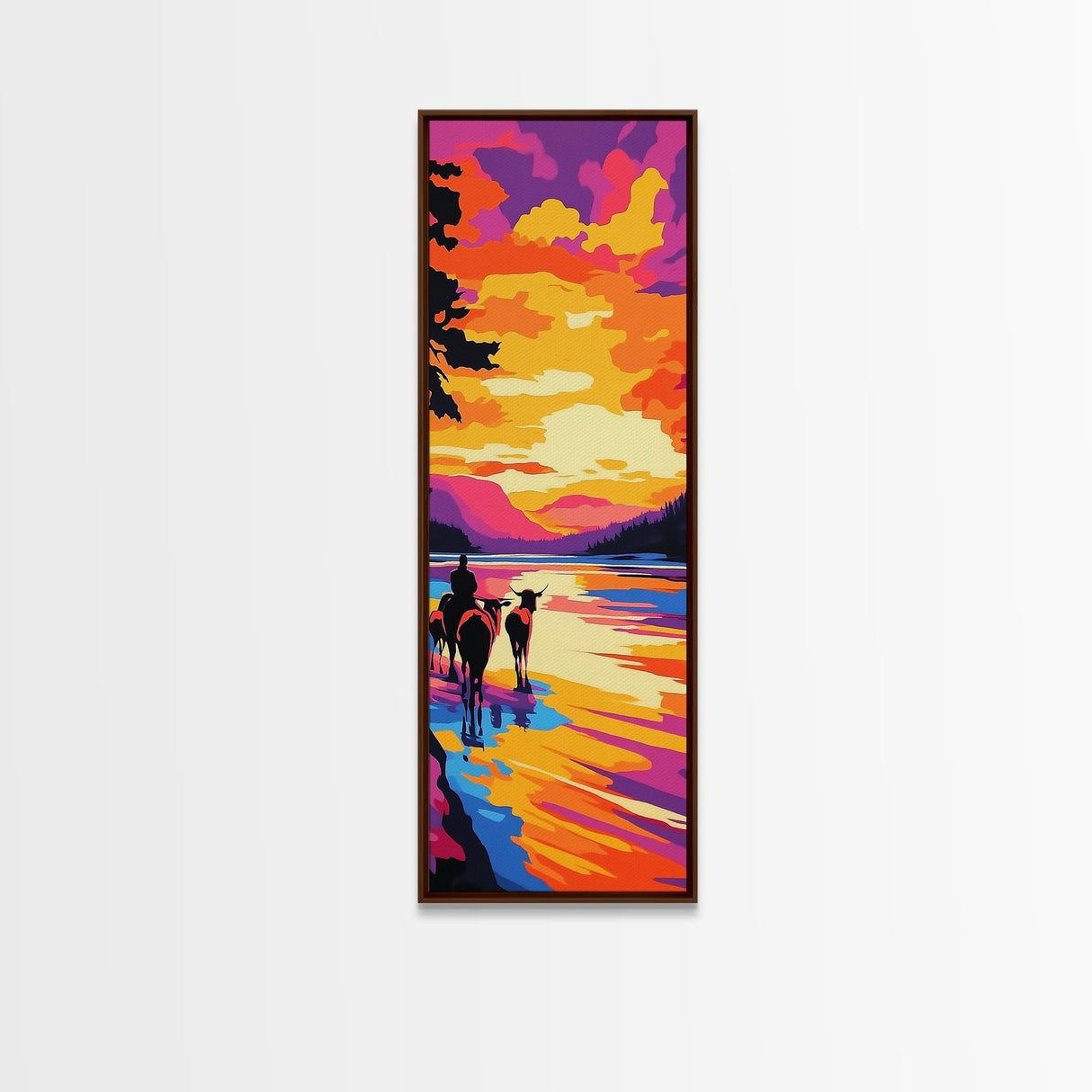 Sunset Cowboy Art Framed Canvas Print Vibrant Western Wall Art, Chicano Art, Colorful Wall Art, Southwest Wall Art, Extra Wide Art