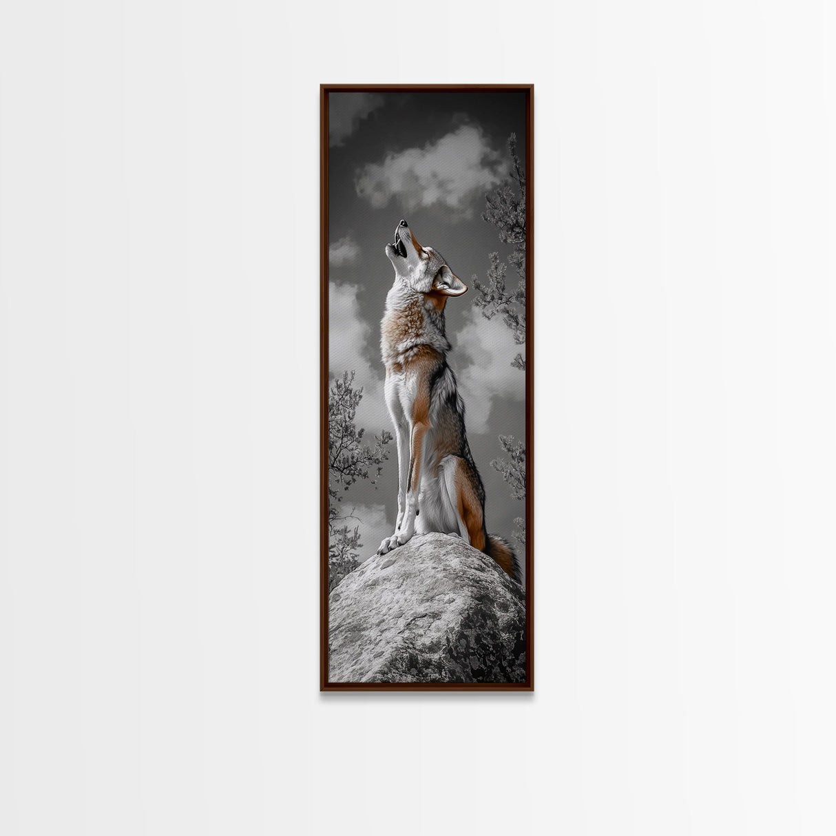 Howling Coyote on Rock Framed Canvas Print | Rustic Western Wall Art | Wildlife Painting | Moody Art | Farmhouse Decor | Gift Idea