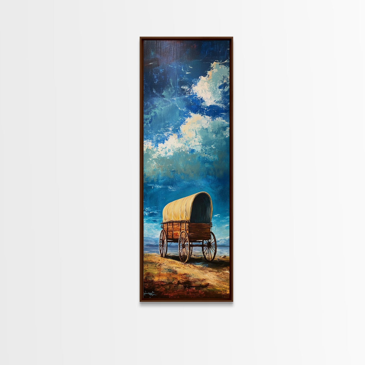 Vintage Covered Wagon Painting Framed Canvas Print, Rustic Wall Art, Farmhouse Art, Moody Art, Landscape Painting, Southwest Wall Art