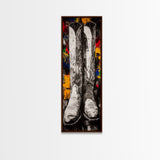 Black and White Cowboy Boots Framed Canvas Print, Rustic Wall Art, Western Art, Moody Art, Vintage Horse Art, Extra Wide Art