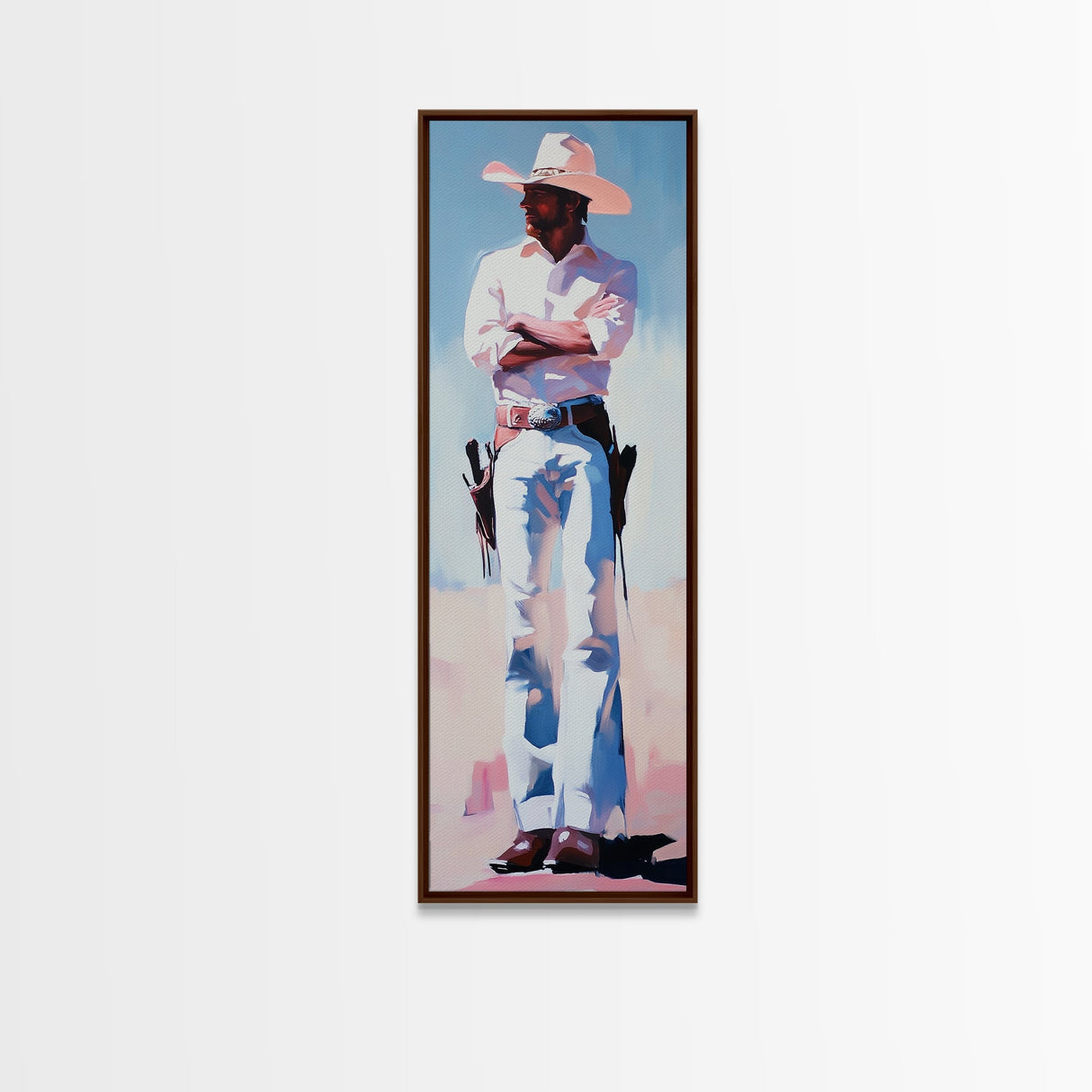 Western Cowboy in White Framed Canvas Print, Rustic Wall Art, Moody Art, Southwest Wall Art, Vintage Horse Art, Extra Wide Art