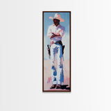 Western Cowboy in White Framed Canvas Print, Rustic Wall Art, Moody Art, Southwest Wall Art, Vintage Horse Art, Extra Wide Art