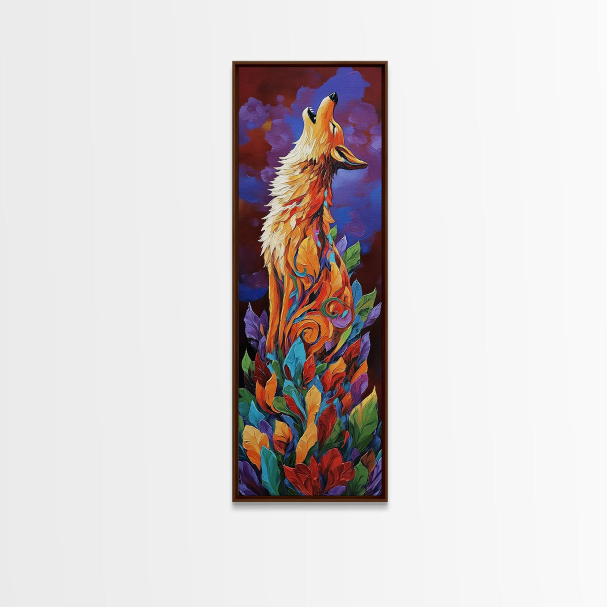 Colorful Howling Wolf Canvas Print rustic decor, long narrow wall art, wildlife painting, tall skinny art, moody art, animal wall art, whimsical art, southwest wall art, Joshua tree art