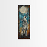 Full Moon Howling Wolf Canvas Print moody art, celestial wall art, nighttime painting, rustic decor, mountain painting, above bed wall art, blue and green wall art, bedroom art, southwest wall art