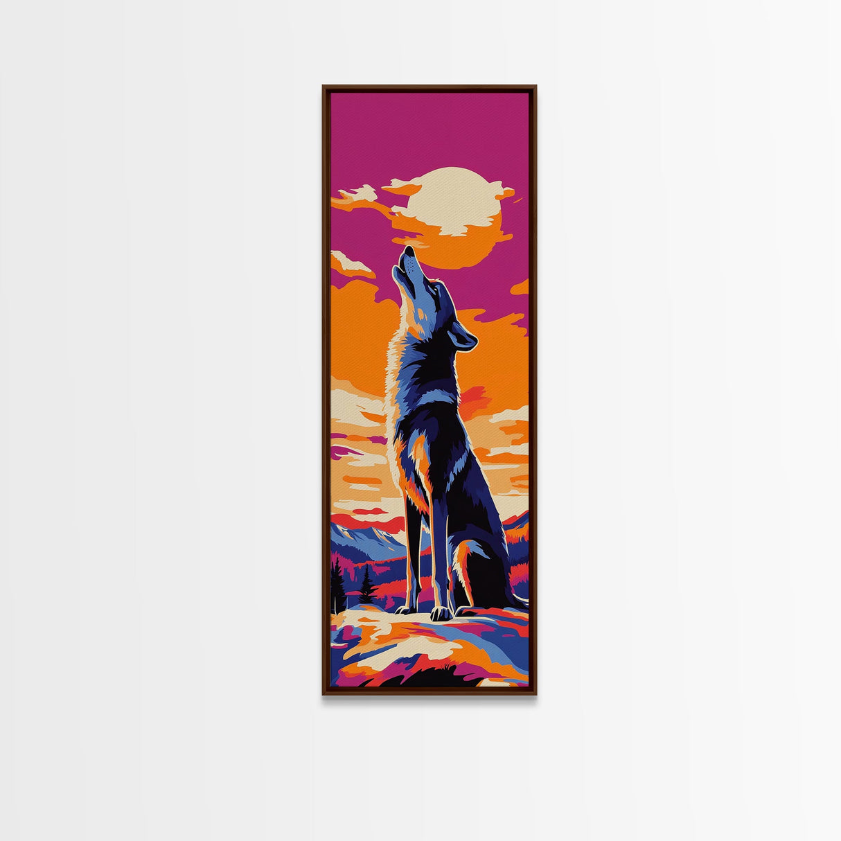 Sunset Wolf Silhouette Framed Canvas Print pink orange wall art, tall skinny art, extra wide art, landscape painting, colorful wildlife art, whimsical art, Joshua tree art, southwest wall art