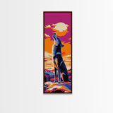Sunset Wolf Silhouette Framed Canvas Print pink orange wall art, tall skinny art, extra wide art, landscape painting, colorful wildlife art, whimsical art, Joshua tree art, southwest wall art