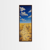 Golden Prairie Trail Framed Canvas Print rustic wall art, southwest wall art, landscape painting, farmhouse art, extra wide art, panoramic painting, above sofa art, wabi sabi art, Joshua tree art