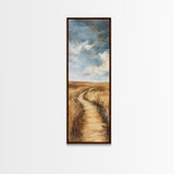 Serene Rural Path Framed Canvas Print landscape painting, farmhouse art, above couch art, rustic wall art, wabi sabi art, extra wide art, panoramic art, warm neutral wall art, barn landscape oil painting