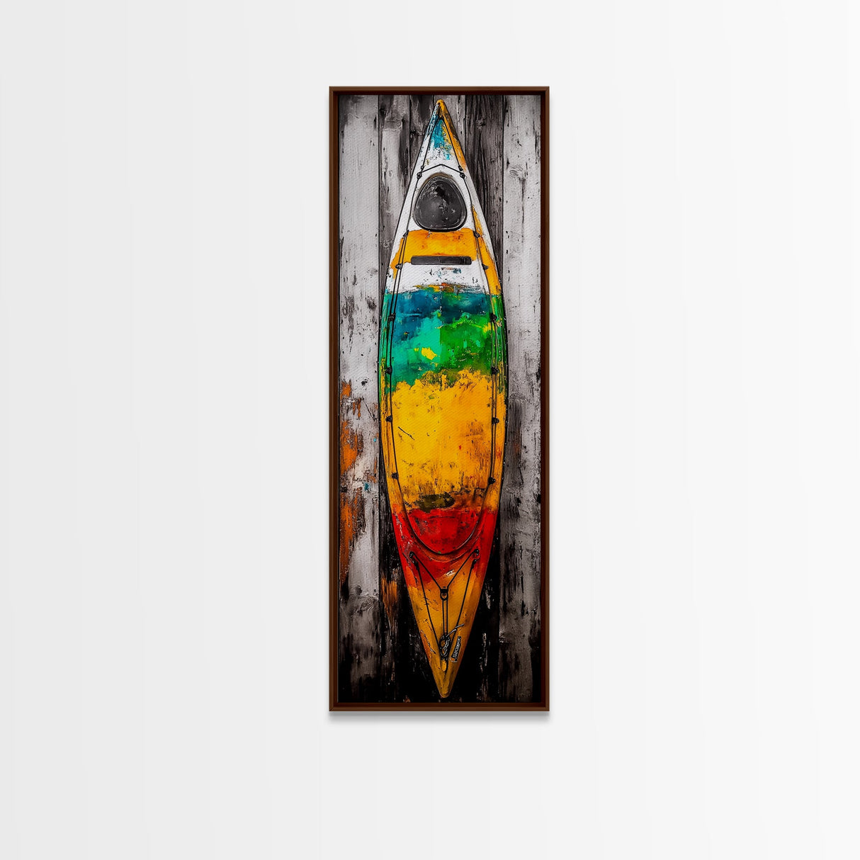 Vibrant Canoe Painting Canvas Print Coastal Landscape Art Nautical Decor Rustic Wall Art Living Room Art Tall Narrow Art
