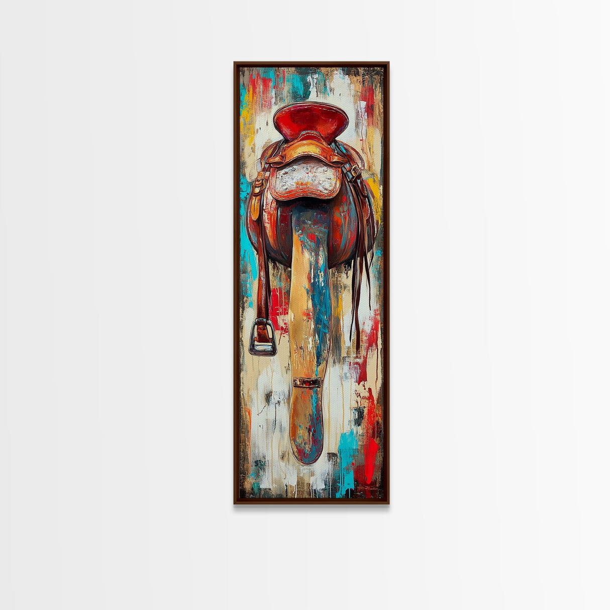 Rustic Saddle Painting Canvas Print Farmhouse Wall Art Moody Art Rustic Decor Southwest Wall Art Tall Narrow Art