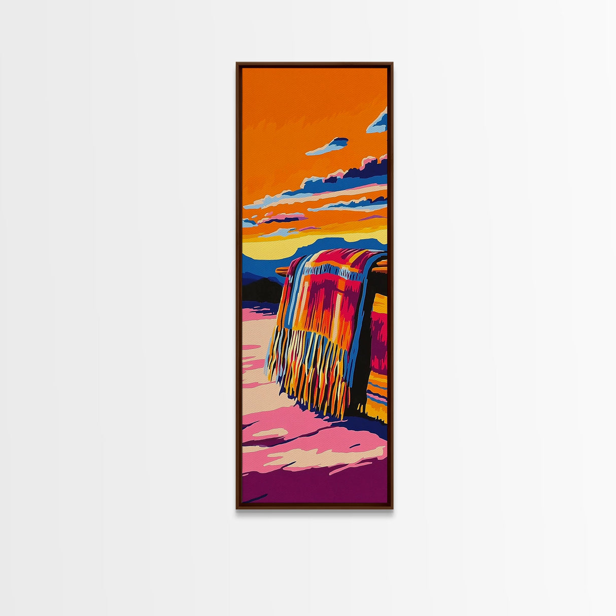 Boho Blanket at Sunset Framed Canvas Print southwest wall art warm sunset art boho art rustic decor gift idea for her