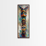 Totem Pole Framed Canvas Print tribal art rustic decor abstract painting blue and green wall art moody art tall narrow art unique wall art