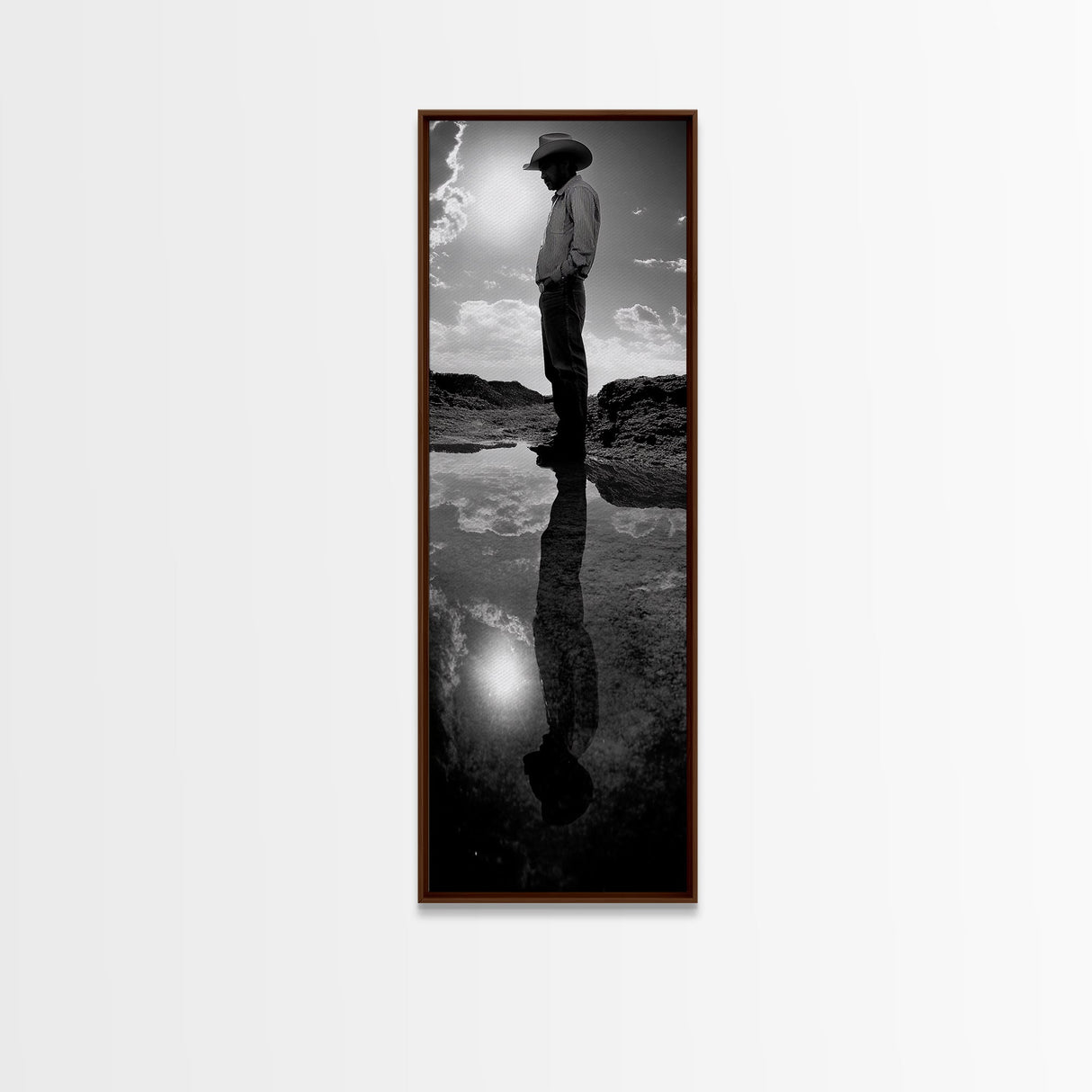 Lone Cowboy, Reflection Photography, Framed Canvas Print, Rustic Art, Moody Wall Art, Extra Wide Art, Southwest Wall Art