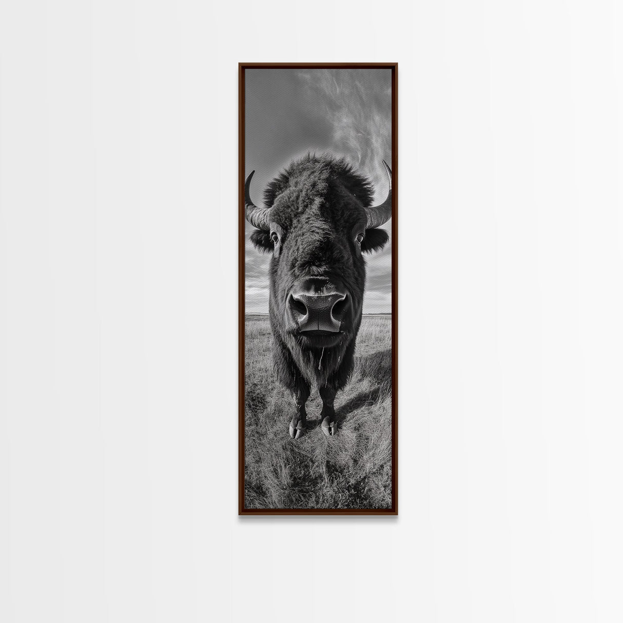 Majestic Bison Close-Up, Framed Canvas Print, rustic wall art, cowboy home décor, wildlife photography, farmhouse art, black and white photography