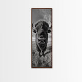 Majestic Bison Close-Up, Framed Canvas Print, rustic wall art, cowboy home décor, wildlife photography, farmhouse art, black and white photography