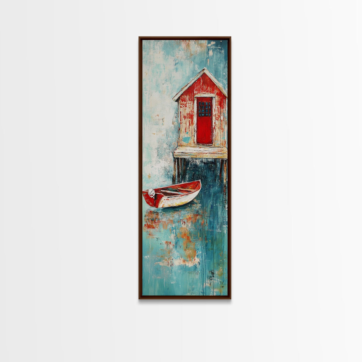 Red Boathouse Coastal Scene Framed Canvas Print | Nautical Decor | Seascape Painting | Rustic Wall Art | Coastal Painting