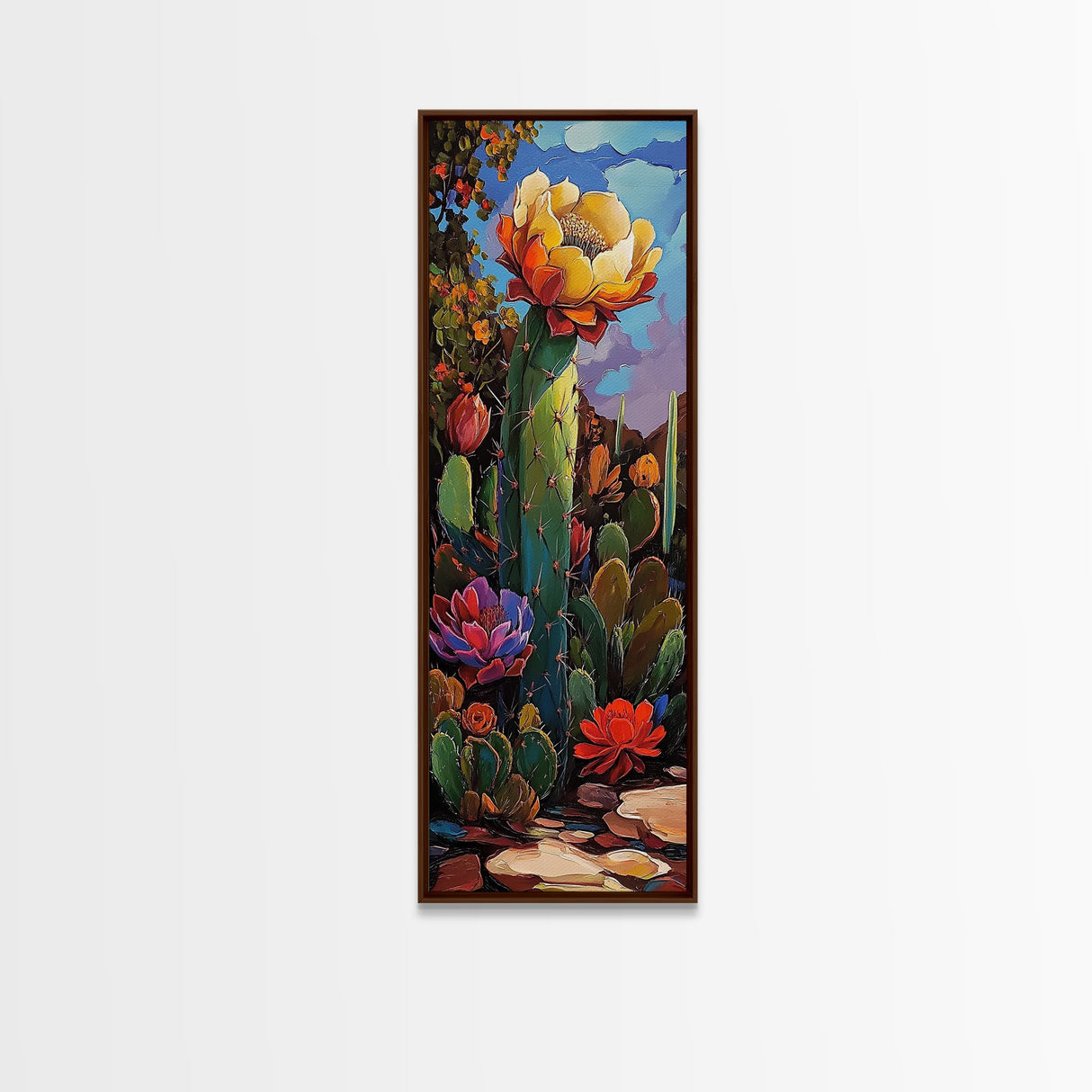 Vibrant Cactus Bloom Desert Painting Framed Canvas Print | Southwest Wall Art | Joshua Tree Art | Botanical Prints | Wildflower Painting