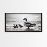 Duck family, bird art, whimsical art, coastal decor, nature painting, extra wide art, panoramic art, above couch art, framed canvas print