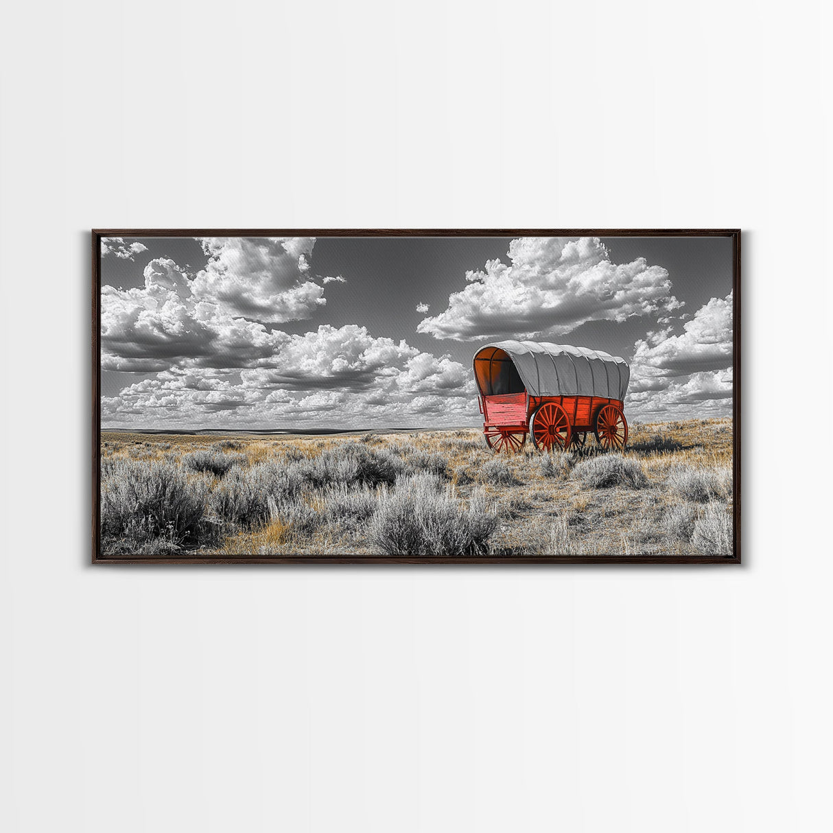 Red Covered Wagon Canvas Print | Rustic Farmhouse Art | Southwest Wall Art | Landscape Painting | Moody Art | Above Couch Art | Extra Wide Art