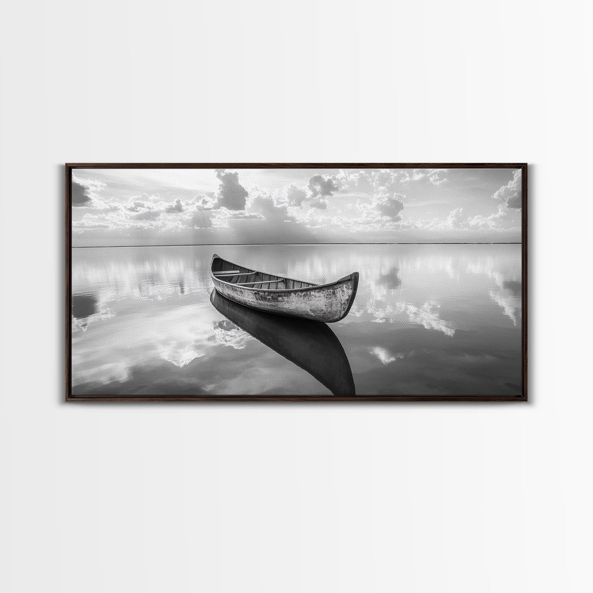 Tranquil Canoe Reflection, lake Tahoe art, nautical decor, seascape painting, coastal landscape art, panoramic painting, framed canvas print