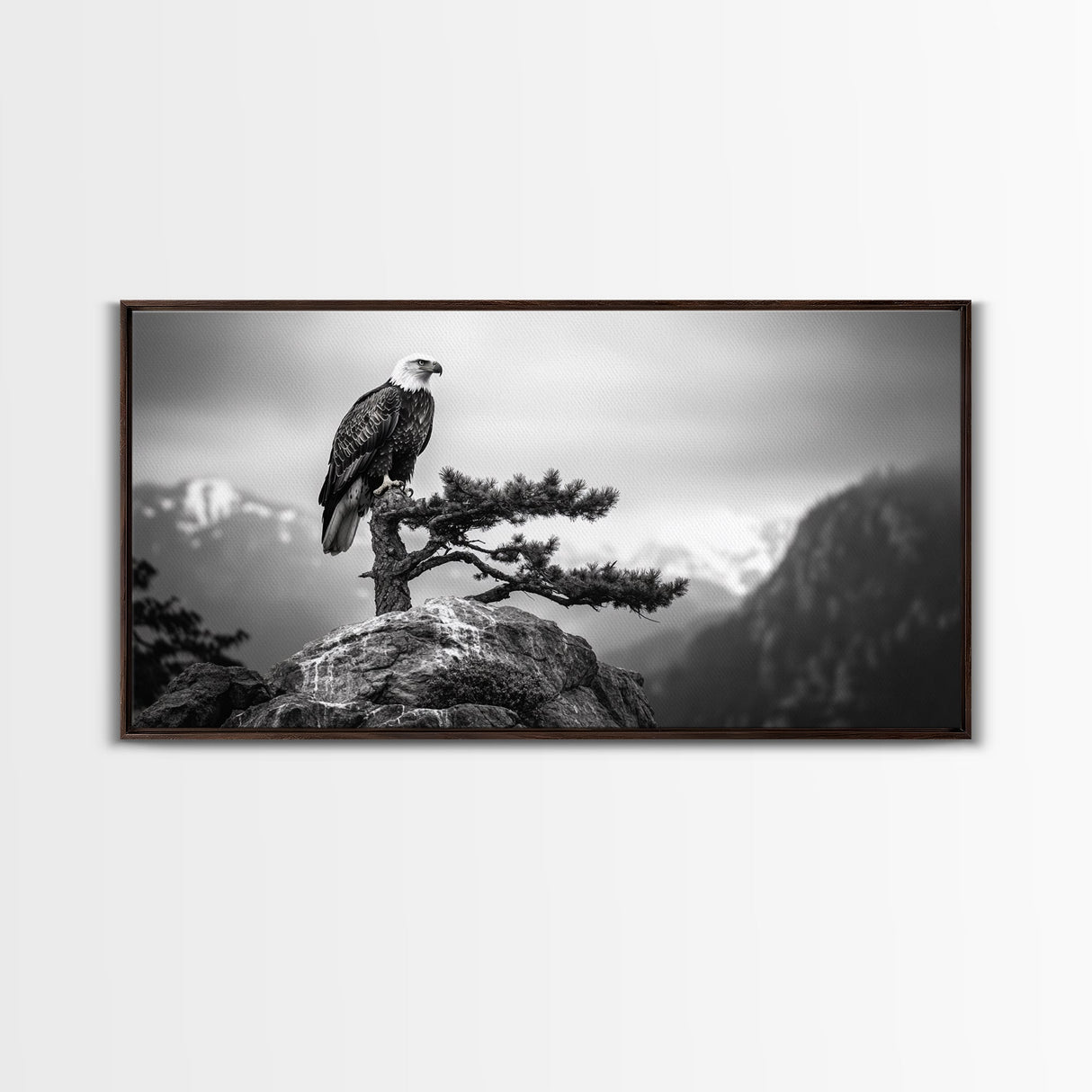Majestic Bald Eagle, pine tree art, bird art, nature photography, mountain painting, wildlife art, extra wide art, framed canvas print