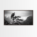 Majestic Bald Eagle, pine tree art, bird art, nature photography, mountain painting, wildlife art, extra wide art, framed canvas print