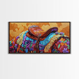 Western Saddle, cowboy art, rustic western decor, saddle painting, framed canvas print, boho art, extra wide art, gift idea him