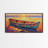 Sunset Canoe, seascape painting, coastal painting, nautical wall art, above sofa art, ocean decor, bright colors, Canvas Print