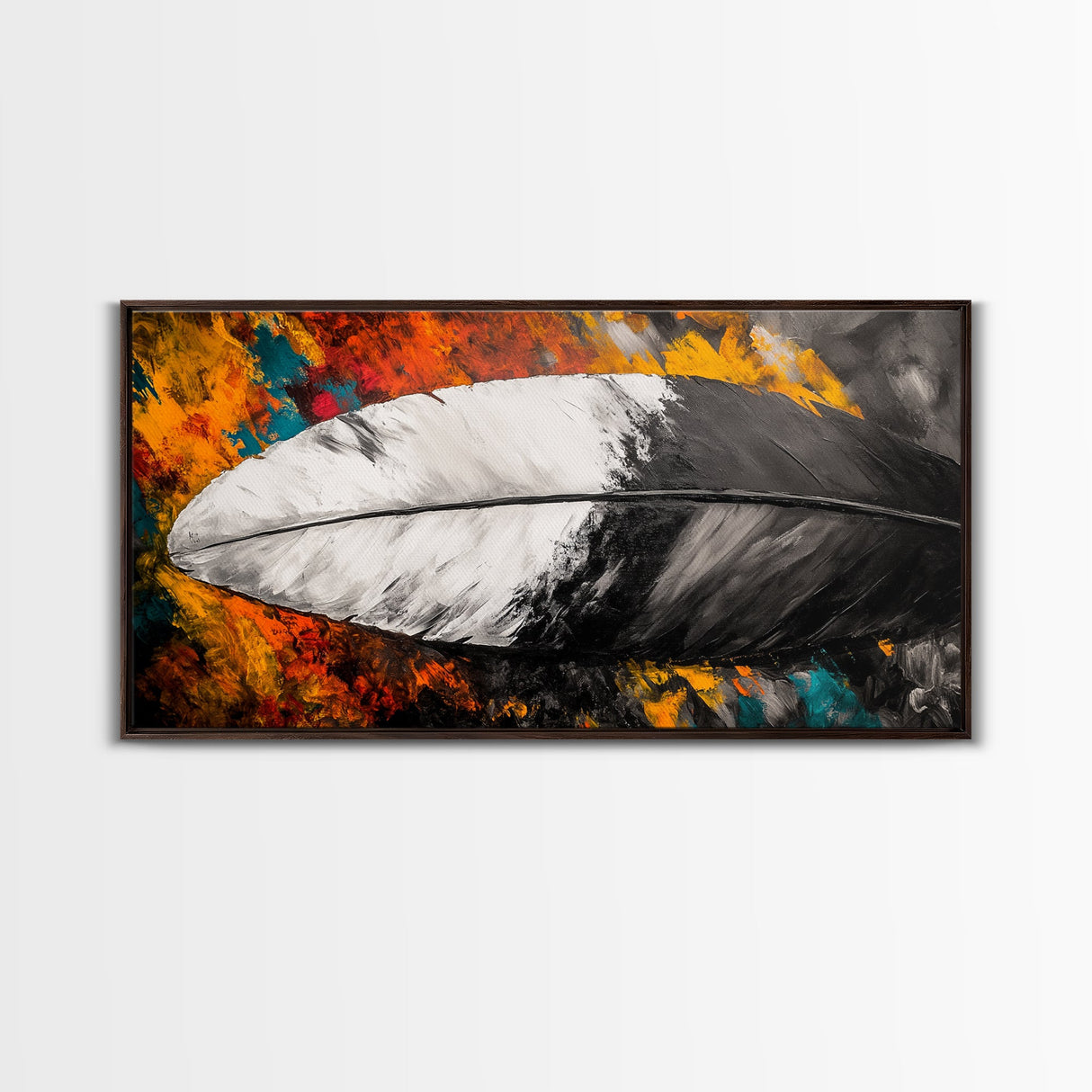Feather Painting, whimsical art, black and white painting, abstract painting, moody art, colorful background, modern decor, Framed Canvas Print