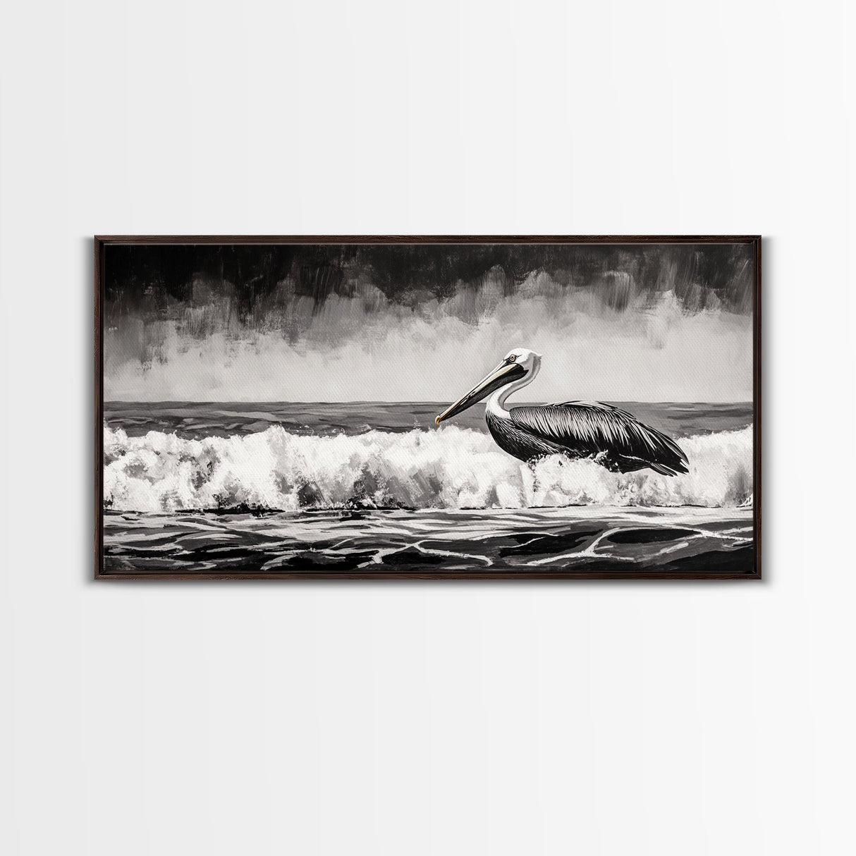 Pelican, coastal wall art, nautical painting, black and white art, seascape painting, ocean bird, Framed Canvas Print, beach decor