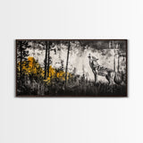 Howling Wolf, moody art, pine tree art, rustic wall art, forest at dusk painting, extra wide art, framed canvas print, southwestern art