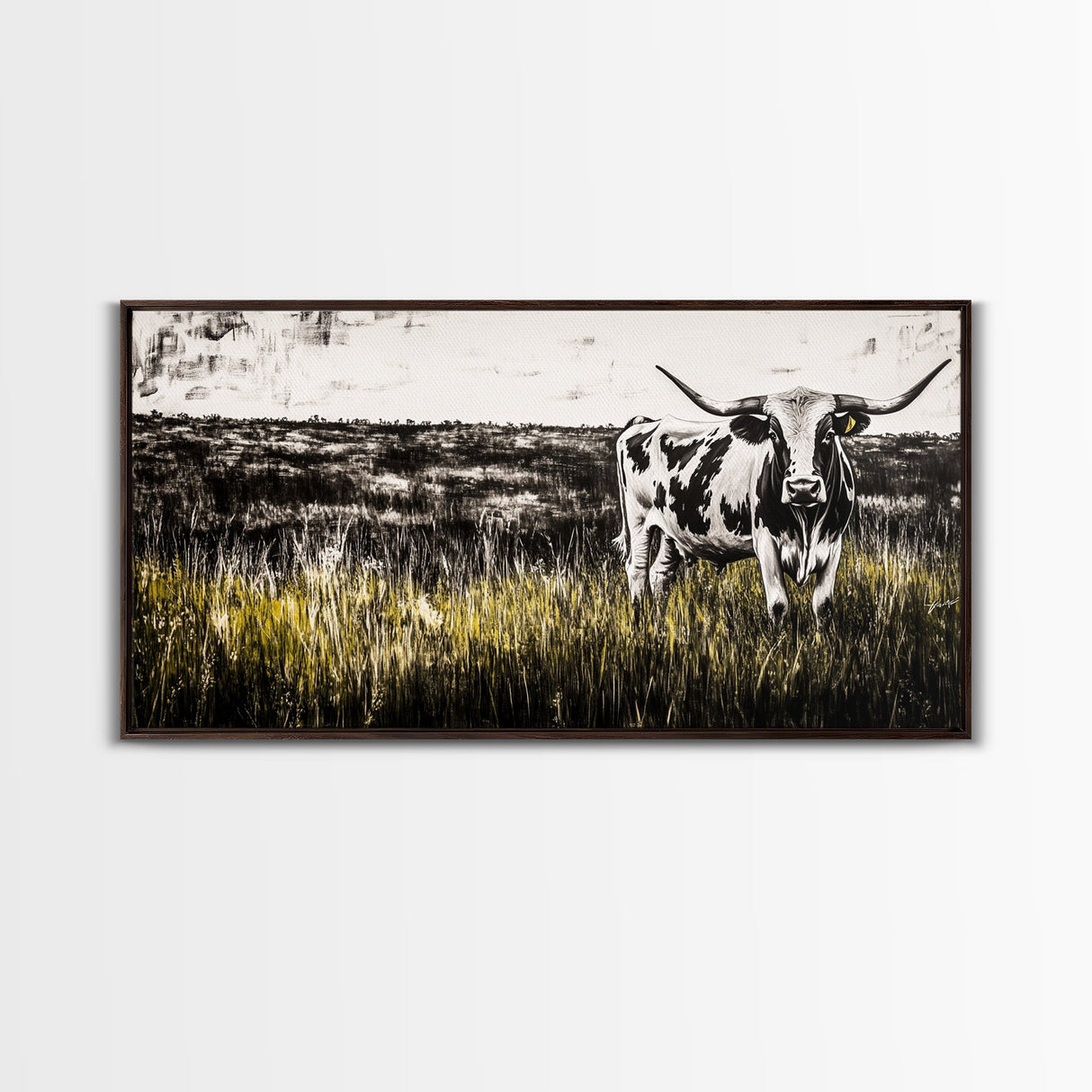 Longhorn Cattle, rustic wall art, farmhouse art, black cowgirl painting, extra wide art, framed canvas print, panoramic painting