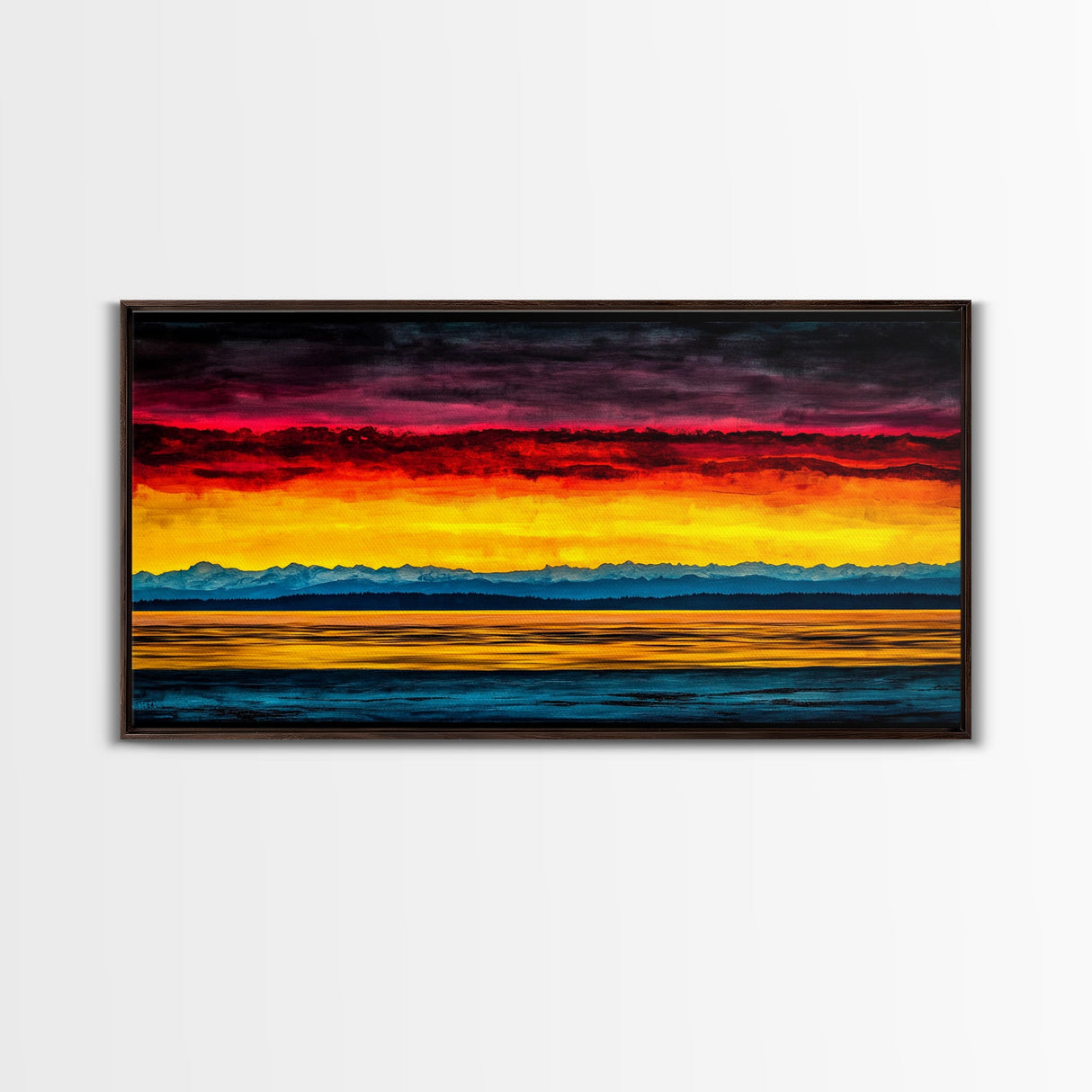 Sunset Over Water, Colorful Horizon Painting, Coastal Wall Art, Extra Wide Art, Framed Canvas Print, Above Sofa Art, Ocean Lover Gift