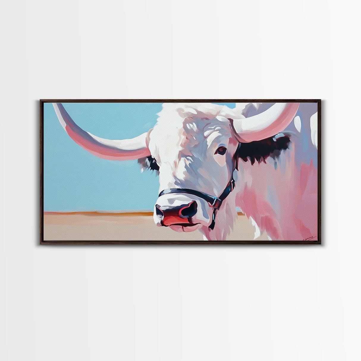 Longhorn Cow Portrait, Rustic Farmhouse Wall Art, Southwest Decor, Western Painting, Framed Canvas Print, Country Living Gift Idea