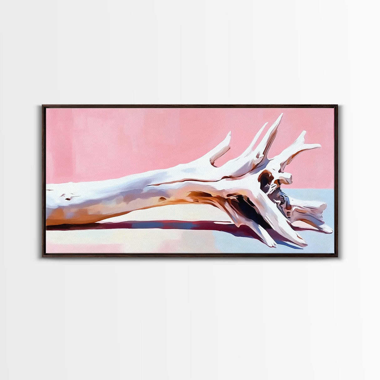 Driftwood, wabi sabi art, rustic decor, framed canvas print, minimalistic art, light pink wall art, extra wide art, boho art